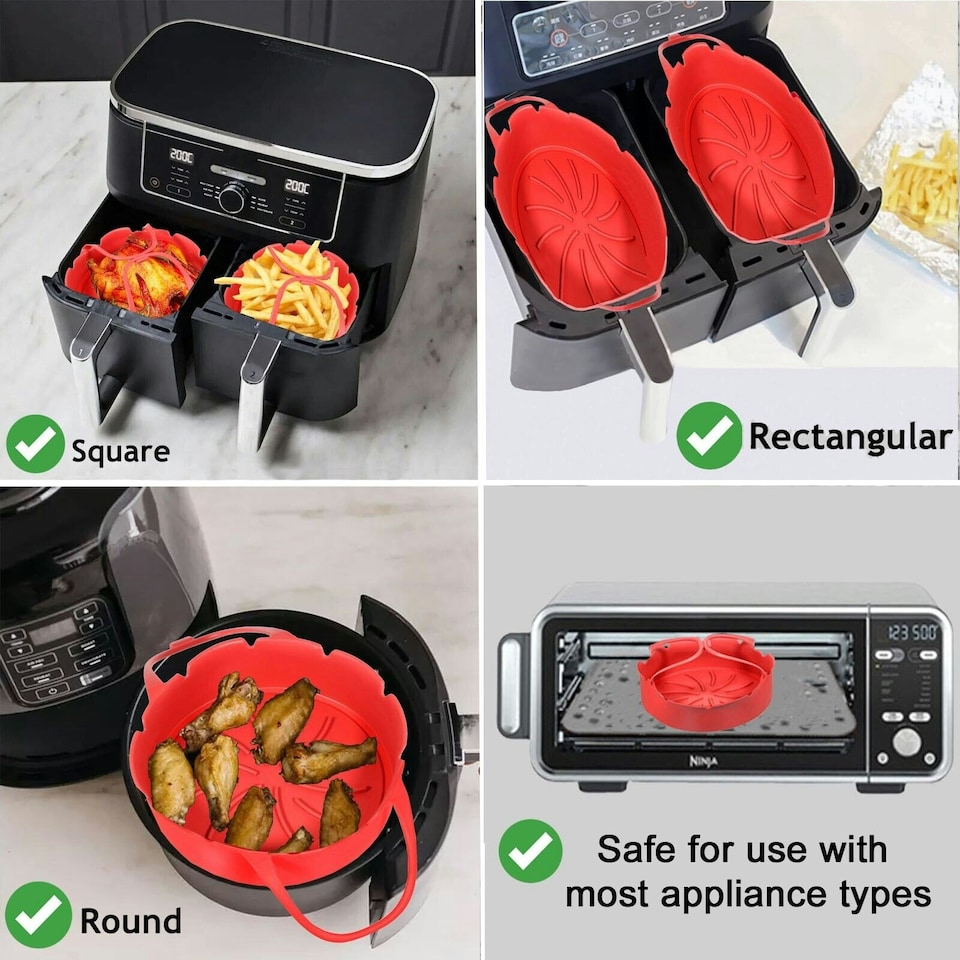 image 1 of SPARES2GO Air Fryer Basket Liner Silicone Round Tray Pot (Red, 4 Compartments)