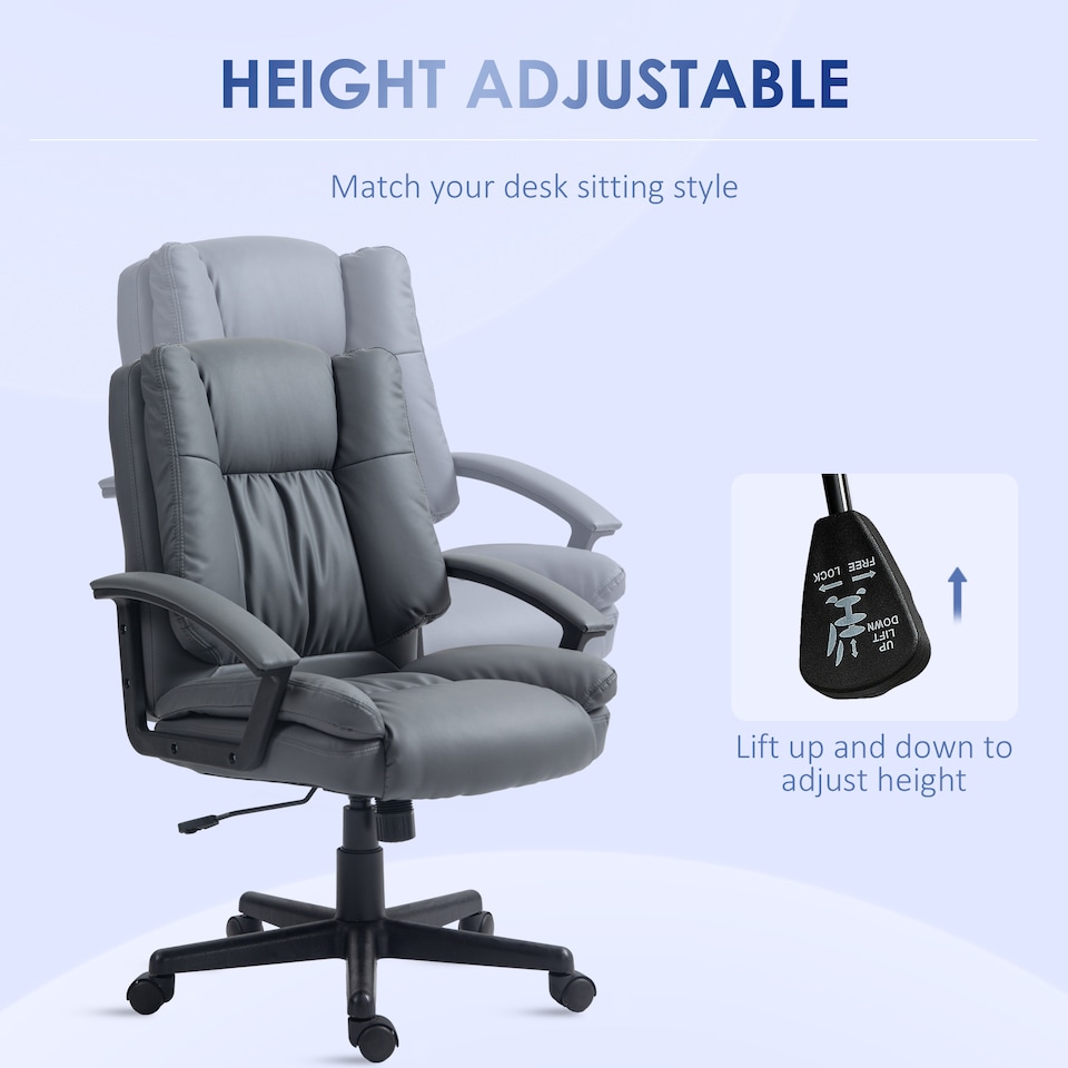 image 1 of HOMCOM Desk Chair, PU Leather Office Chair with Adjustable Height and Swivel Wheels, for Home Work Study, Dark Grey