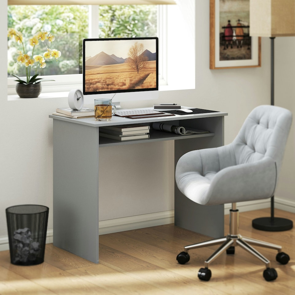 image 1 of HOMCOM Computer Desk Writing Table Study Workstation Storage Grey