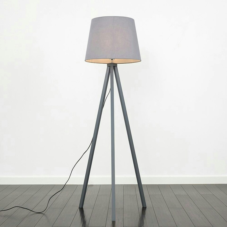 image 1 of ValueLights Modern Grey Wood Tripod Design Floor Lamp With Grey Shade