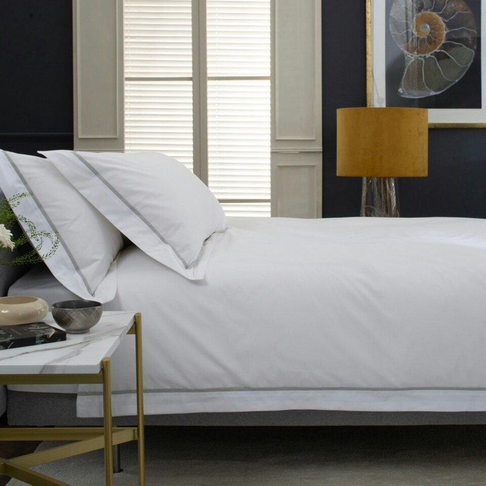 image 1 of Hampstead 100% Cotton Duvet Cover Set – 200 Thread Count with Inserted Ribbon & Oxford Pillowcases Silver | White | Double