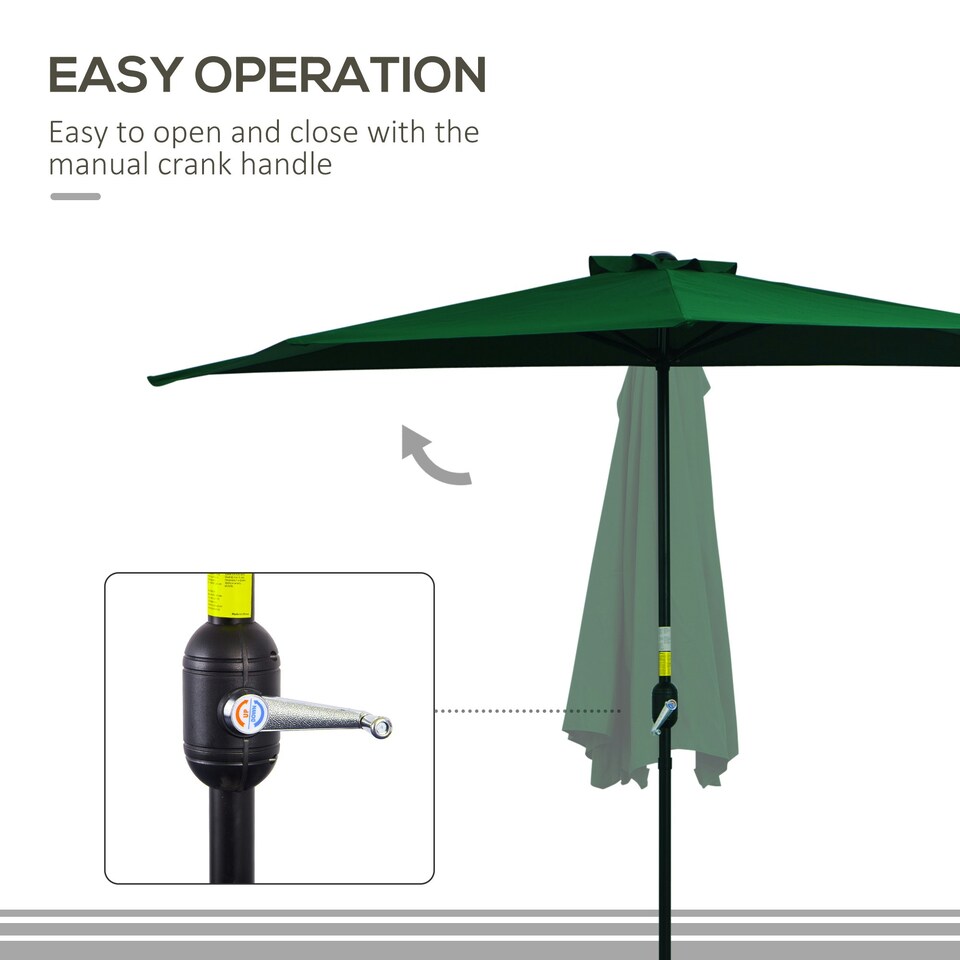 image 1 of Outsunny 3(m) Half Round Parasol Garden Sun Umbrella Metal w/ Crank Green