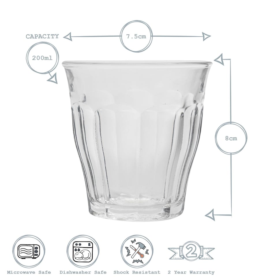 image 1 of Duralex Picardie Drinking Glasses - 220ml Tumblers for Water, Juice - Clear - Pack of 6 | Clear | Clear