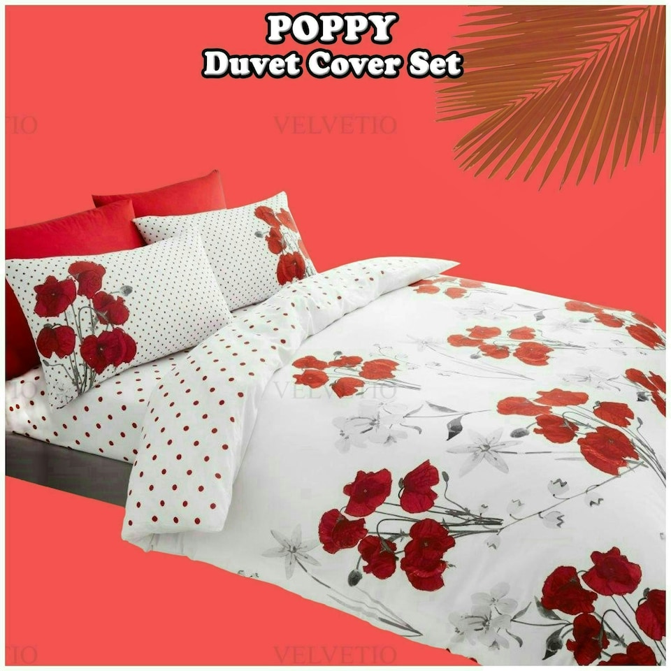 image 1 of VELVETIO Poppy Flower Duvet Cover Set Reversible Polycotton Easy Care Beddings Red | Super King