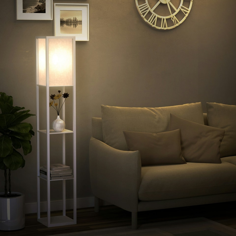 image 1 of HOMCOM Floor Lamp Reading Lamp with 3-Tier Storage Shelf for Home Office White