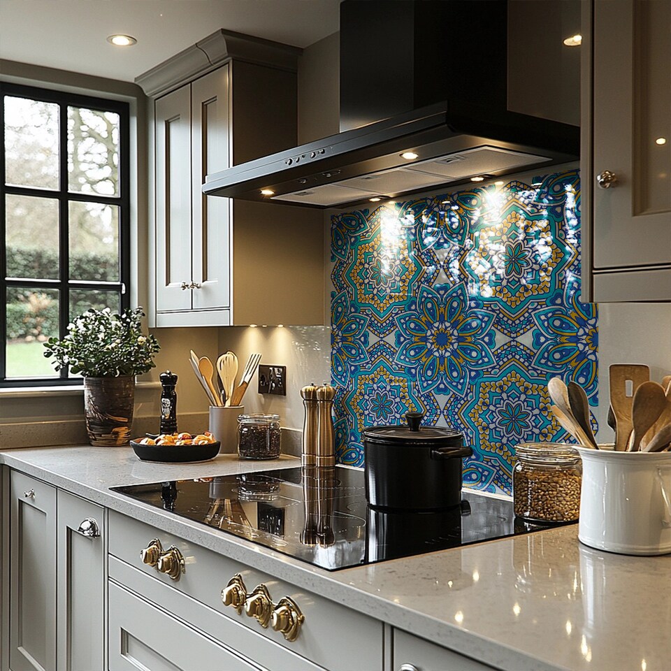 image 1 of Floral And Geometric Embellished Tiles Splash Back | White