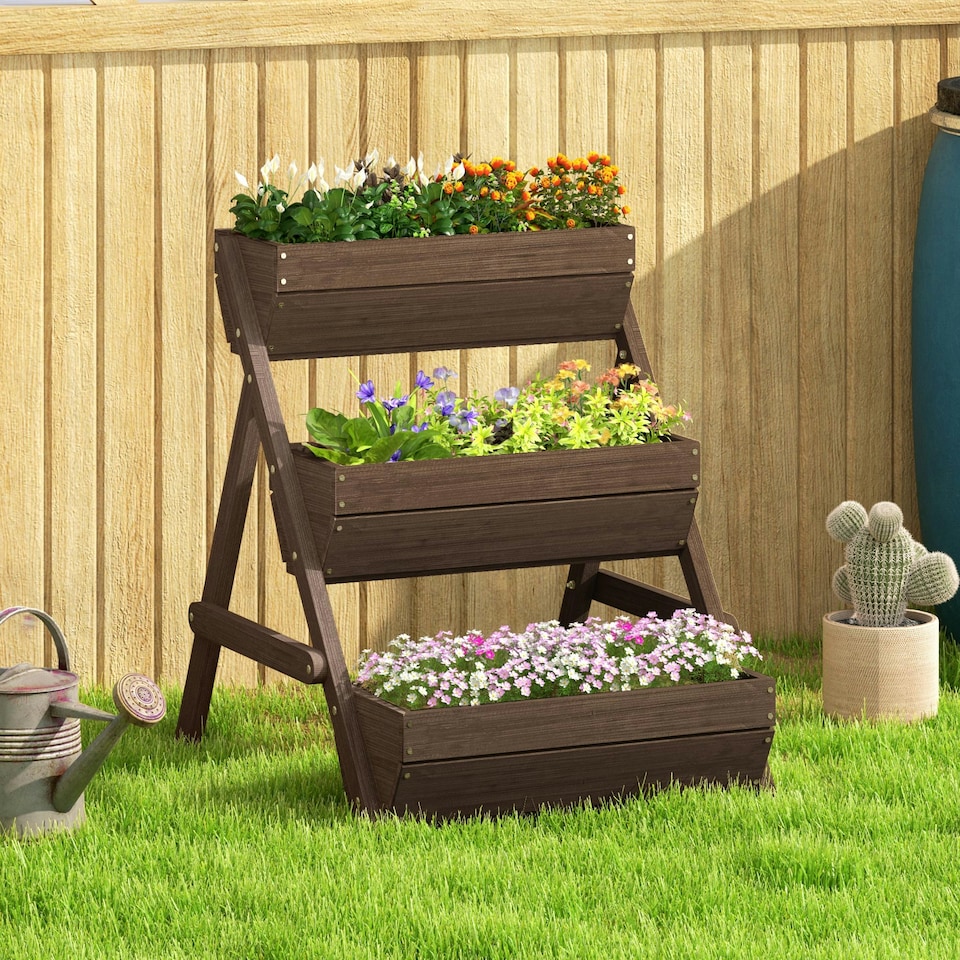 image 1 of Outsunny 3 Tier Raised Garden Bed Wooden Elevated Planter Box Kit, Tan