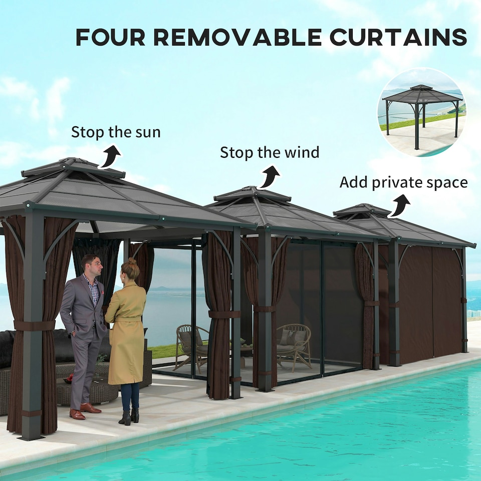 image 1 of Outsunny 3x3(m) Hardtop Gazebo with Polycarbonate Roof & Sides, Brown