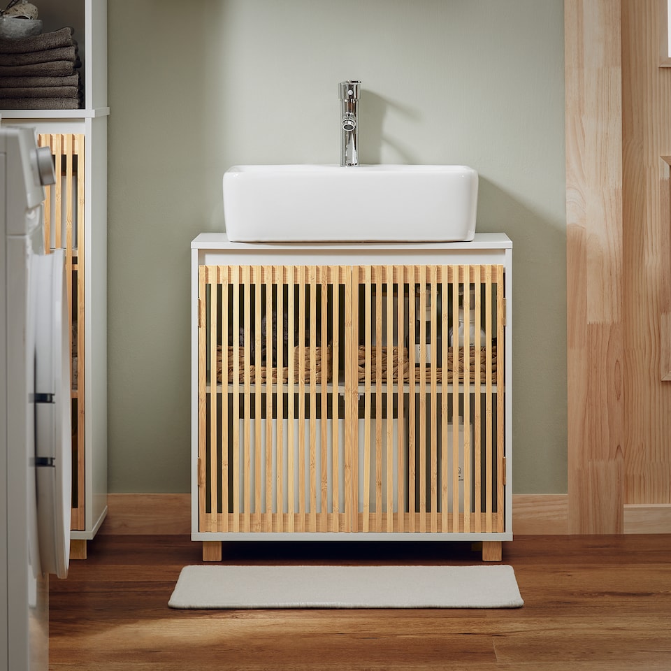 image 1 of SoBuy Under Sink Cabinet with 2 Bamboo Slatted Doors, White, 23.6x13.0x23.6 in, 11.5 kg - BZR125-W
