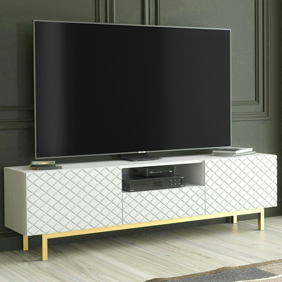 image 1 of White TV Unit 180cm Diamond Fronts Gold Legs Modern Media Cabinet White