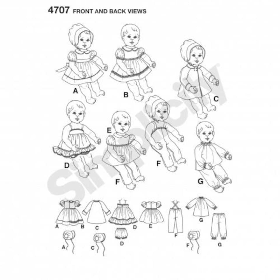 image 1 of Simplicity 4707 Paper Sewing Pattern – Doll Clothes, Sizes S–M–L, Intermediate