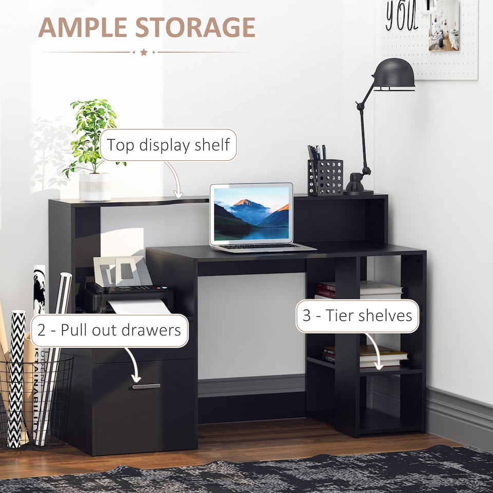 image 1 of HOMCOM Computer Desk with Drawers and Storage Shelves, Office Desk Writing Table with Printer Stand, Large Workstation for Study Play Work Home Office, 137 x 55 x 92cm, Black