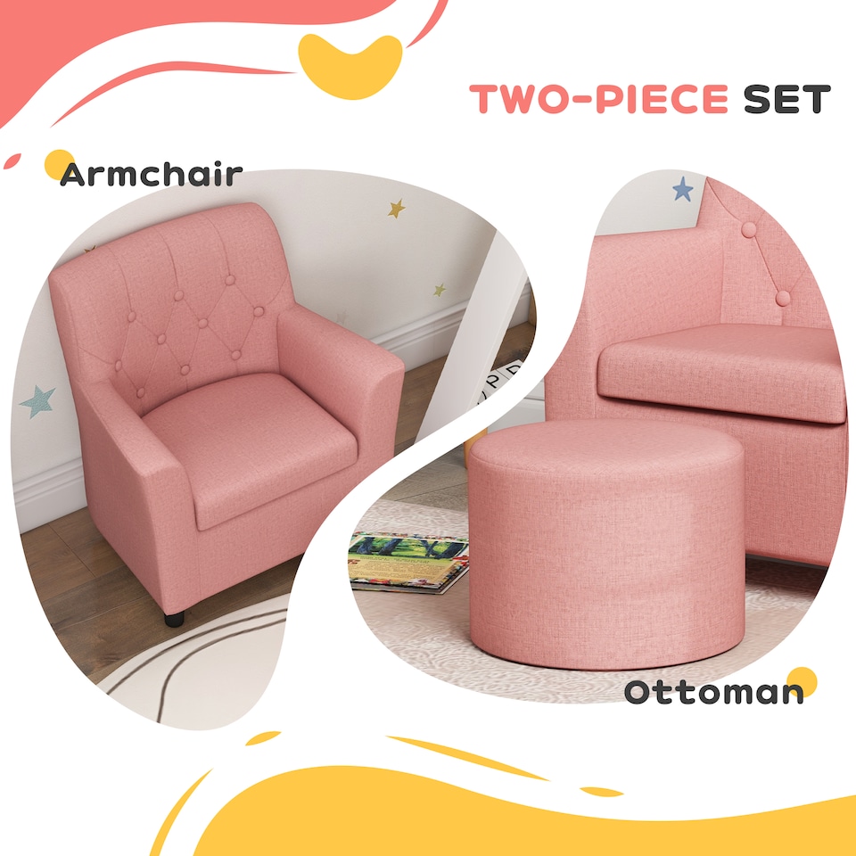 image 1 of AIYAPLAY Kids Sofa Set with Footrest for Playroom Bedroom | Pink | One Size
