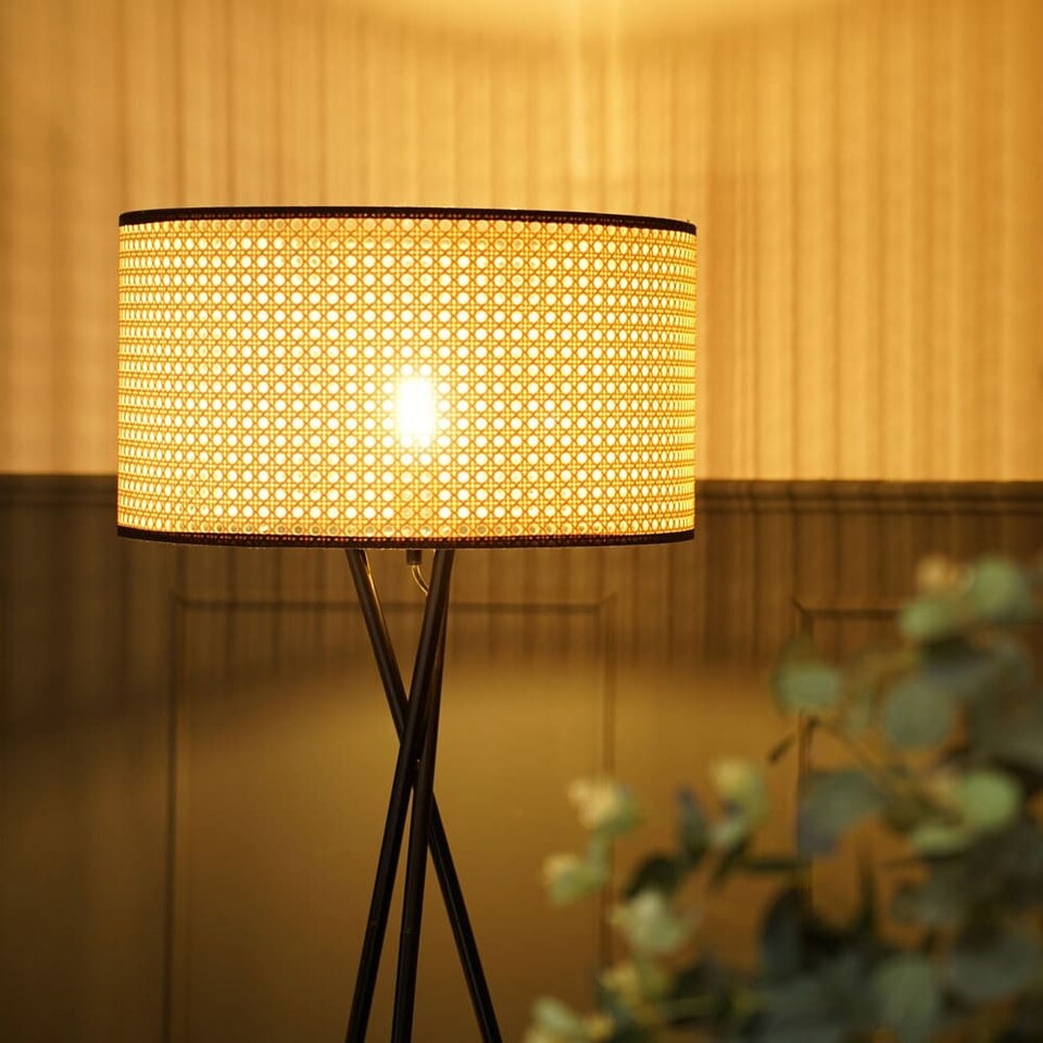 image 1 of ValueLights Camden Black Tripod Floor Lamp and Natural Cane Shade | Cream
