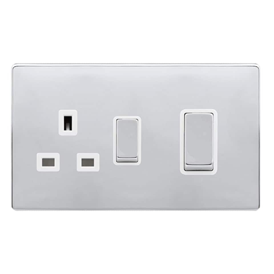 SE HOME Polished Chrome Screwless Plate Cooker Control Ingot 45A With 13A Switched Plug Socket - White Trim - SE Home White | Polished