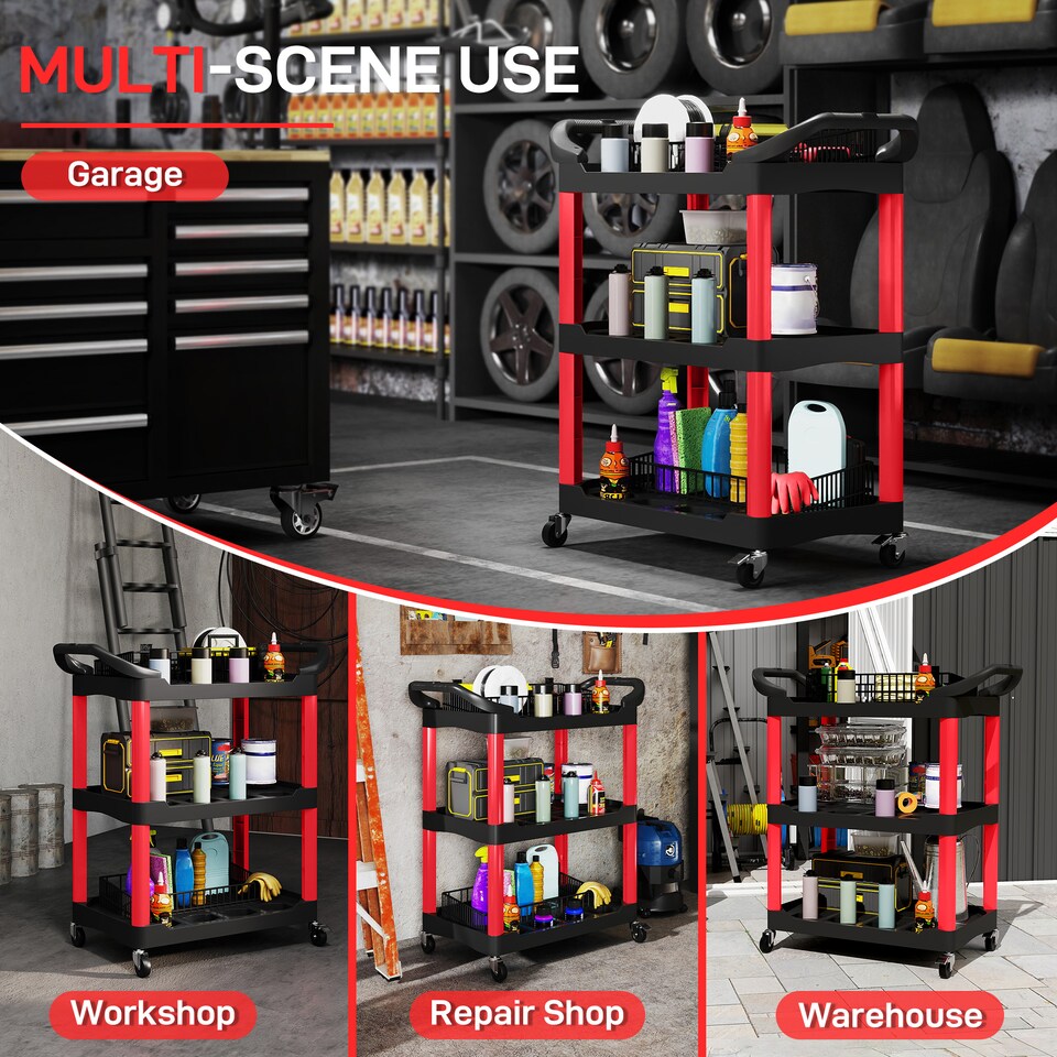 image 1 of HOMCOM 3-Tier Rolling Tool Cart, Tool Trolley on Wheels for Garage, Black | Red | Black and Red