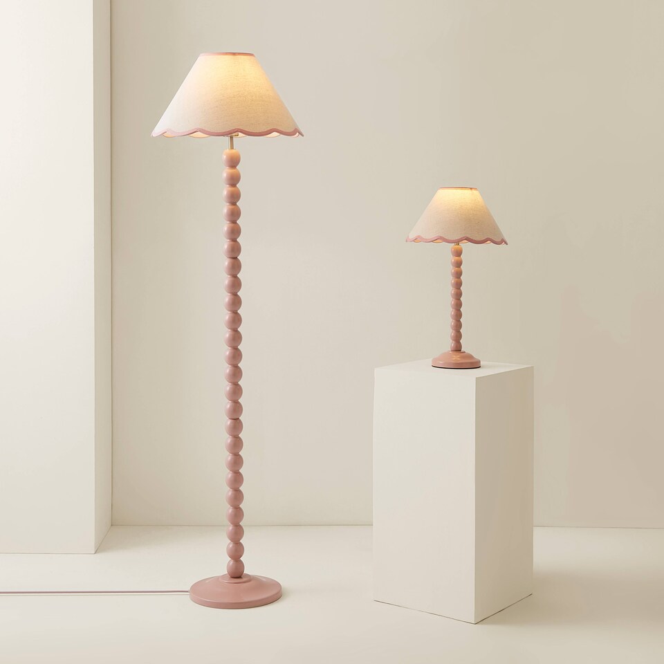 image 1 of ValueLights Bobbles Rose Pink Floor Lamp Pink Trim Scallop Shade & Bulb | Pink