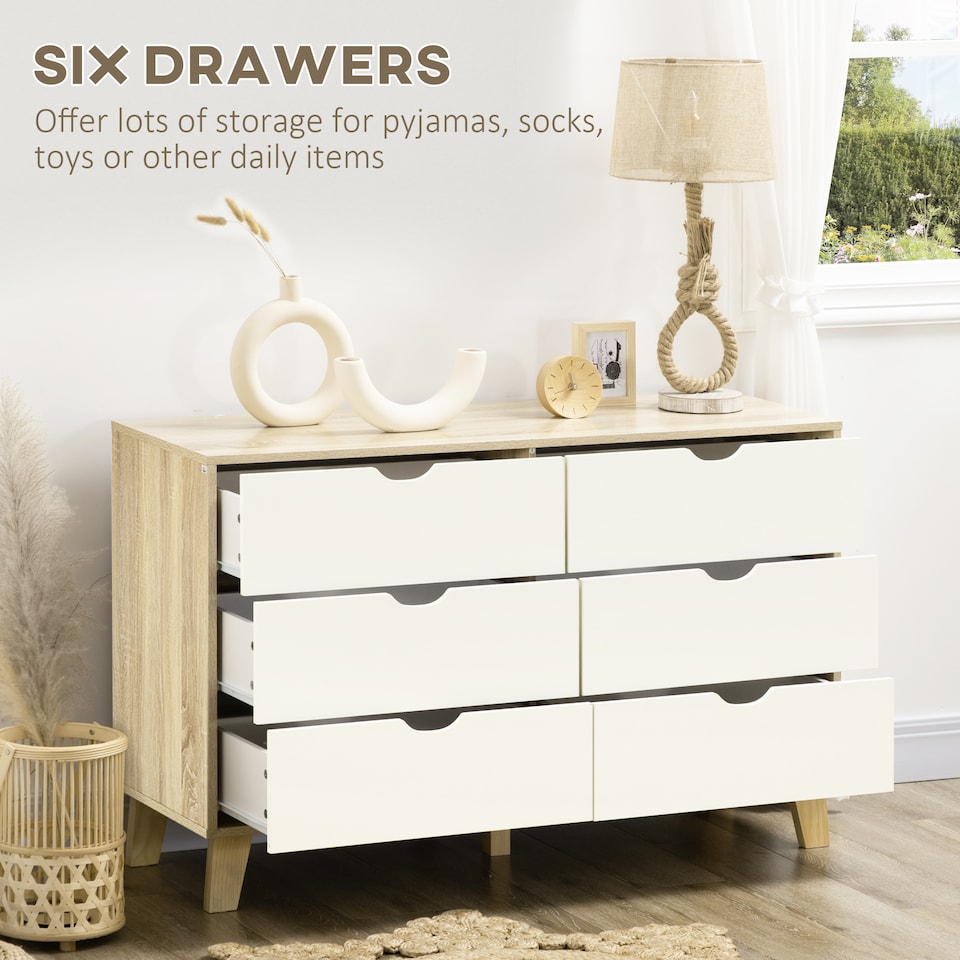 image 1 of HOMCOM Bedroom Chest of Drawers, Wide 6-Drawer Dresser, Storage Drawer Unit with Wood Legs for Living Room, White and Light Brown