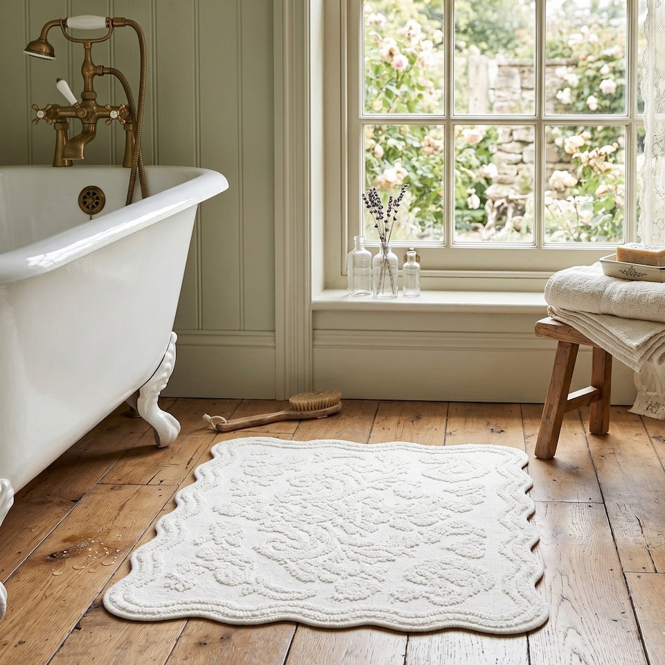 image 1 of Gracie Floral Jacquard Scalloped Bath Mat