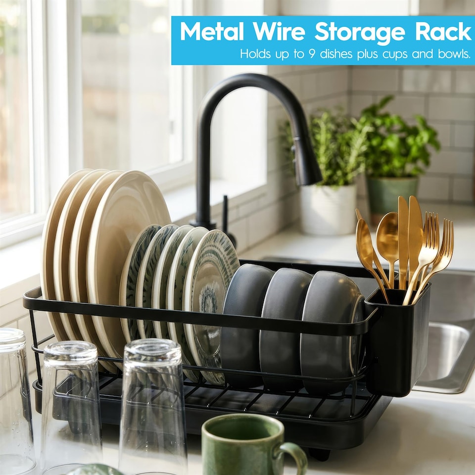 image 1 of Harbour Housewares Metal Kitchen Dish Drainer Rack Cutlery Holder Bowl Plate Drying Rack with Drip Tray