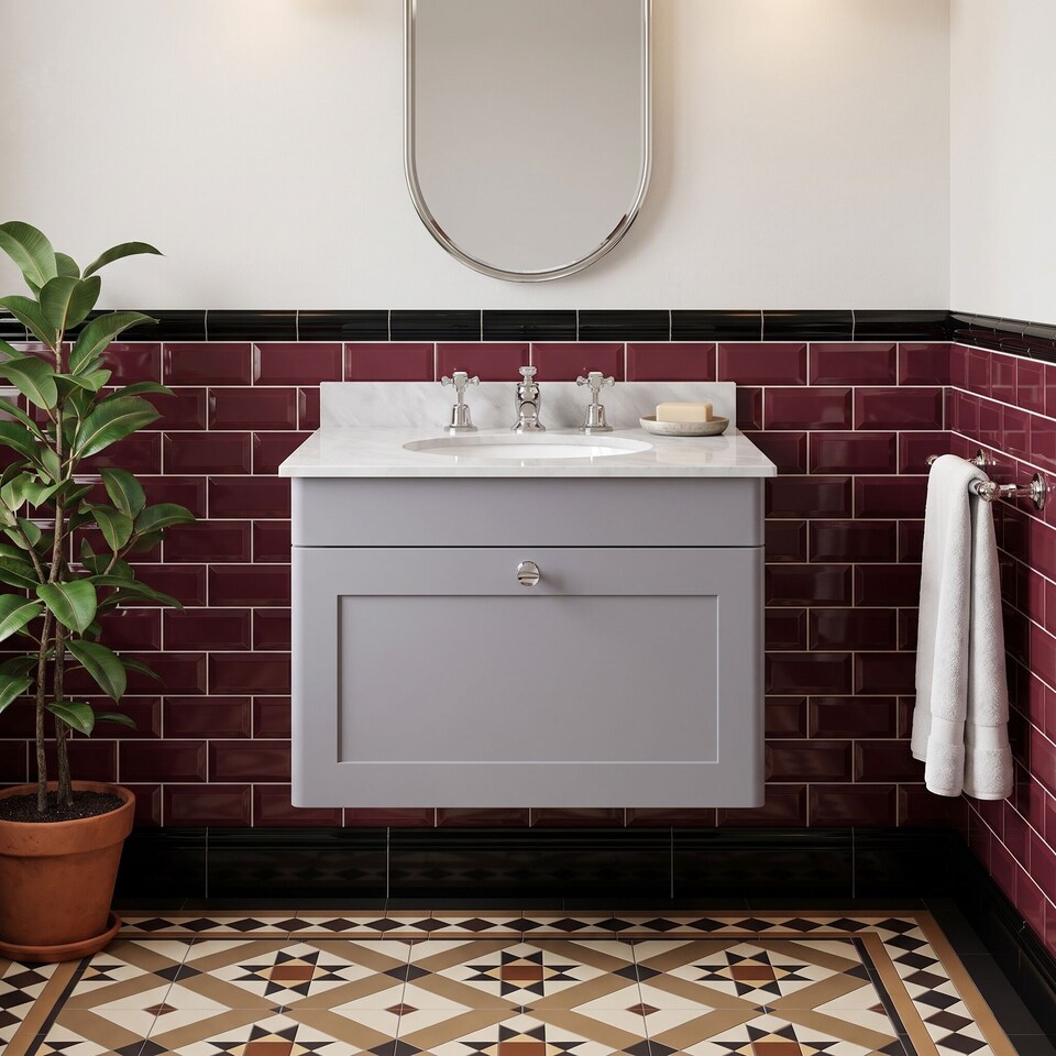 image 1 of Balterley Swynnerton Traditional 1 Drawer Wall Hung Vanity Unit with Marble Basin, Satin Grey, 600mm