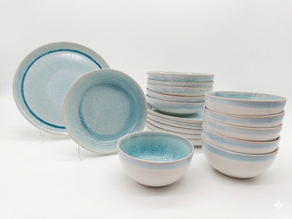 image 1 of Reactive Blue Glaze Dinner Set Plates Bowls 18pc Set