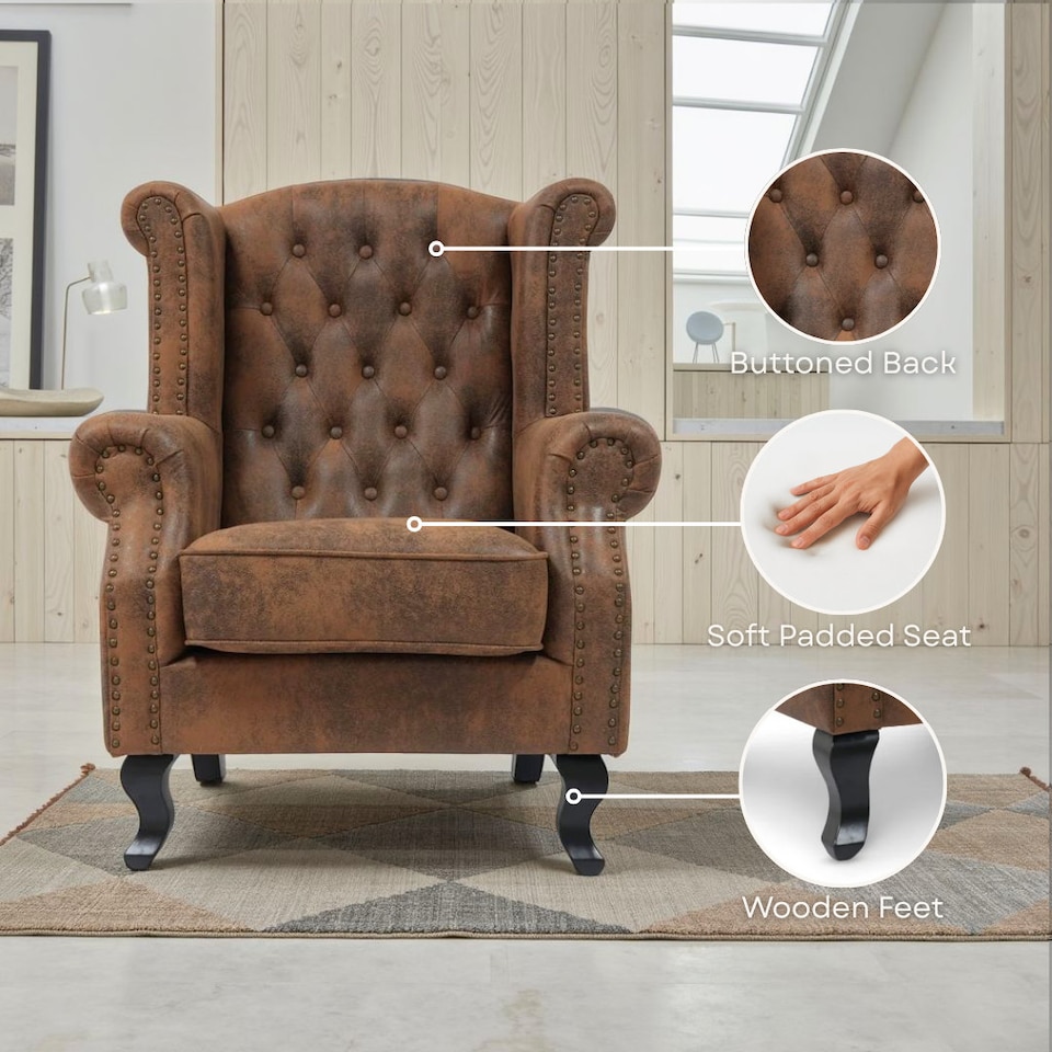 image 1 of Faux Leather Brown Suede Balmoral Wing Back Chair with Buttons