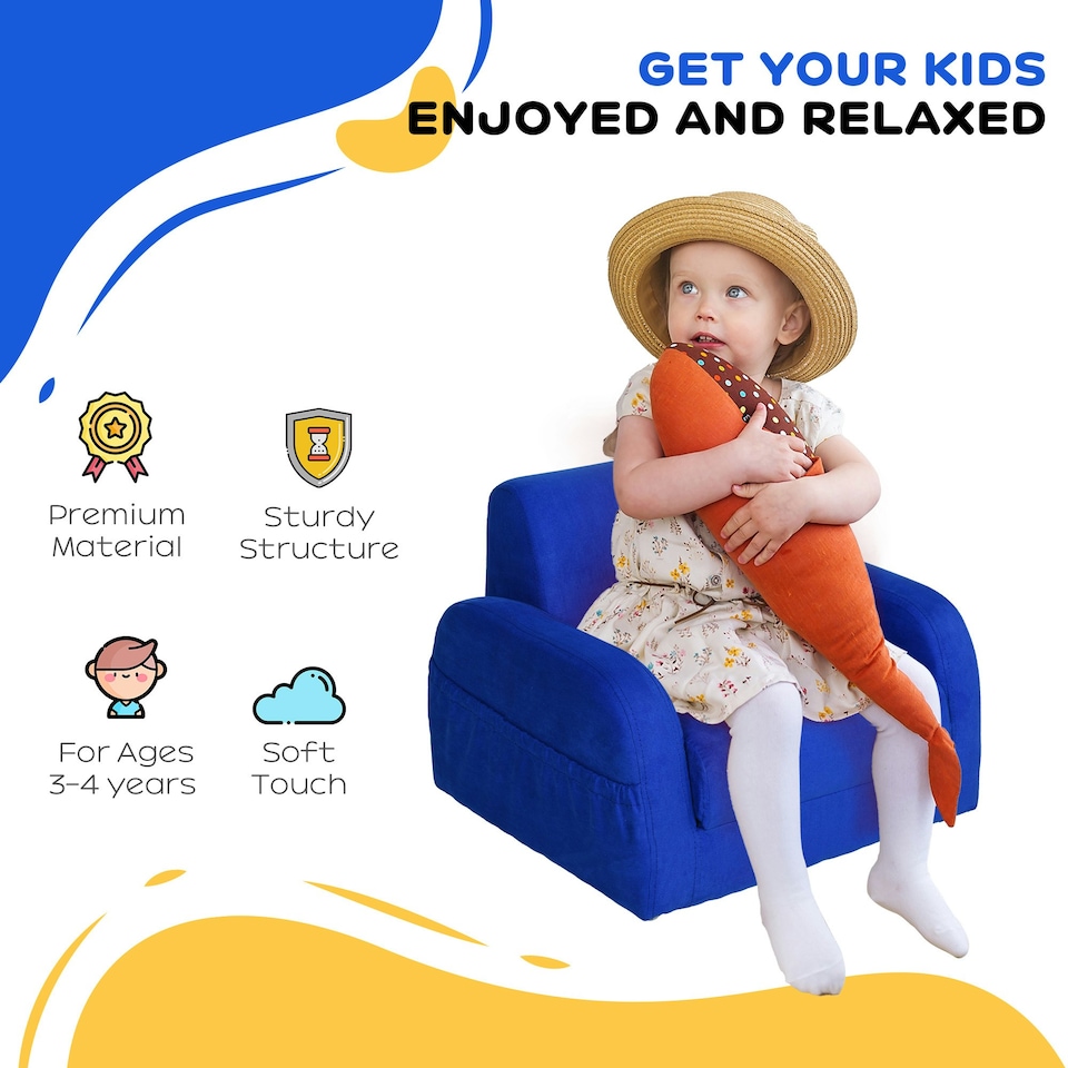 image 1 of HOMCOM 2 In 1 Kids Sofa Chair Bed Folding Couch Flannel Foam for 3-4 years 