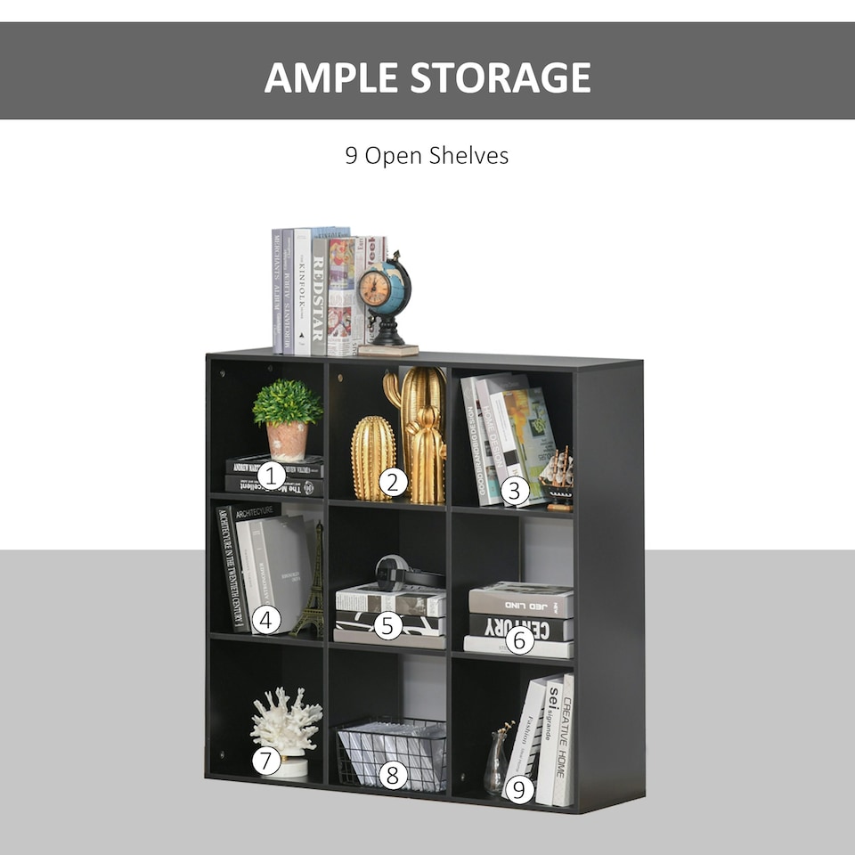 image 1 of HOMCOM 9 Cube Storage Cupboard Bookcase Bookshelf Home Office, Black