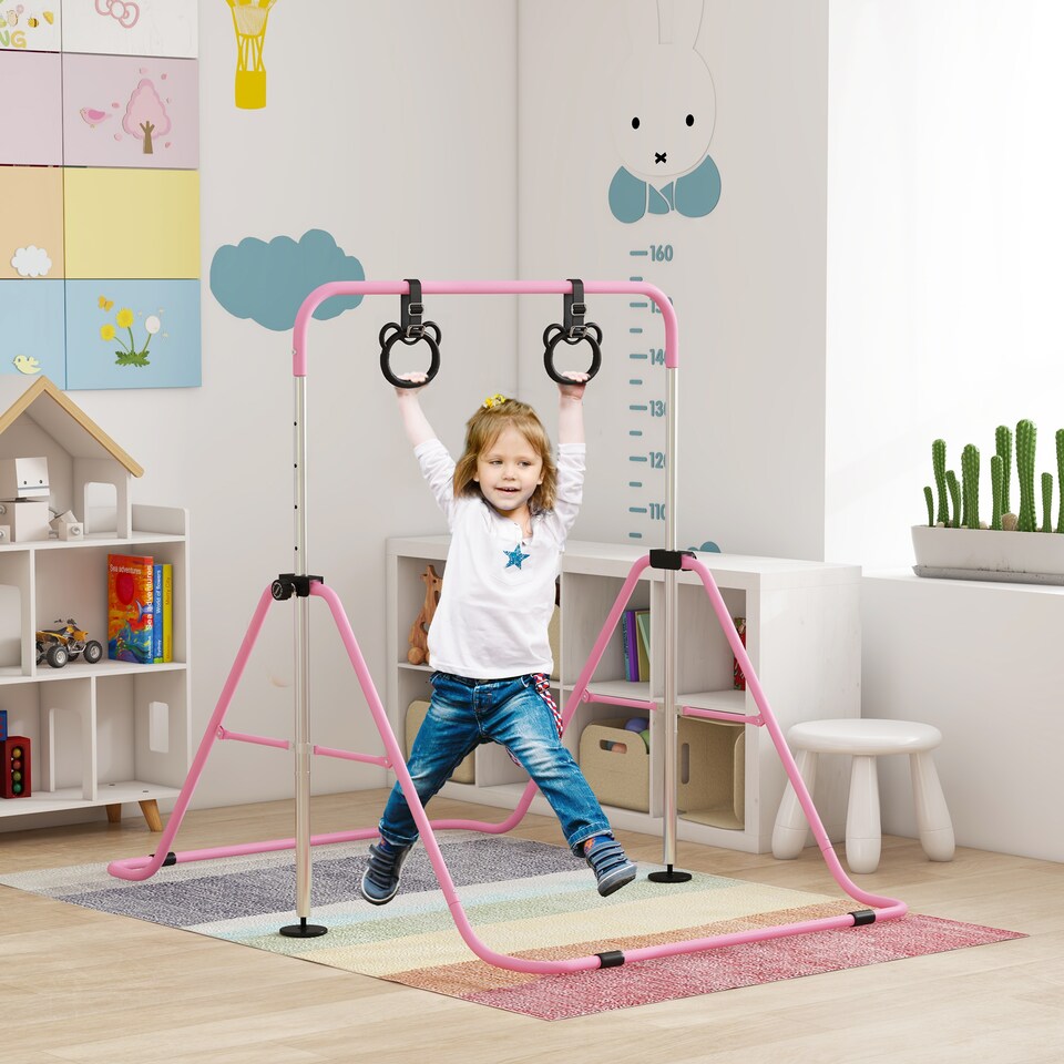 image 1 of HOMCOM Kids Gymnastics Bar, Horizontal Training Kip Bar for Kids, Adjustable Height Folding Gymnastics Equipment with Hand Grips, Non-slip Rubber Pads, for Home, Flat | Pink | Pink