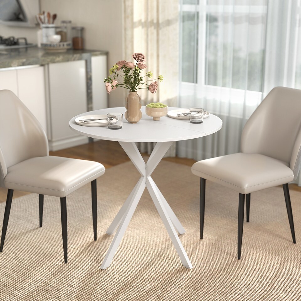 image 1 of HOMCOM 80cm Round Dining Table, Industrial Kitchen Table with Steel Legs | White | White | 80 x 80 x 75 cm