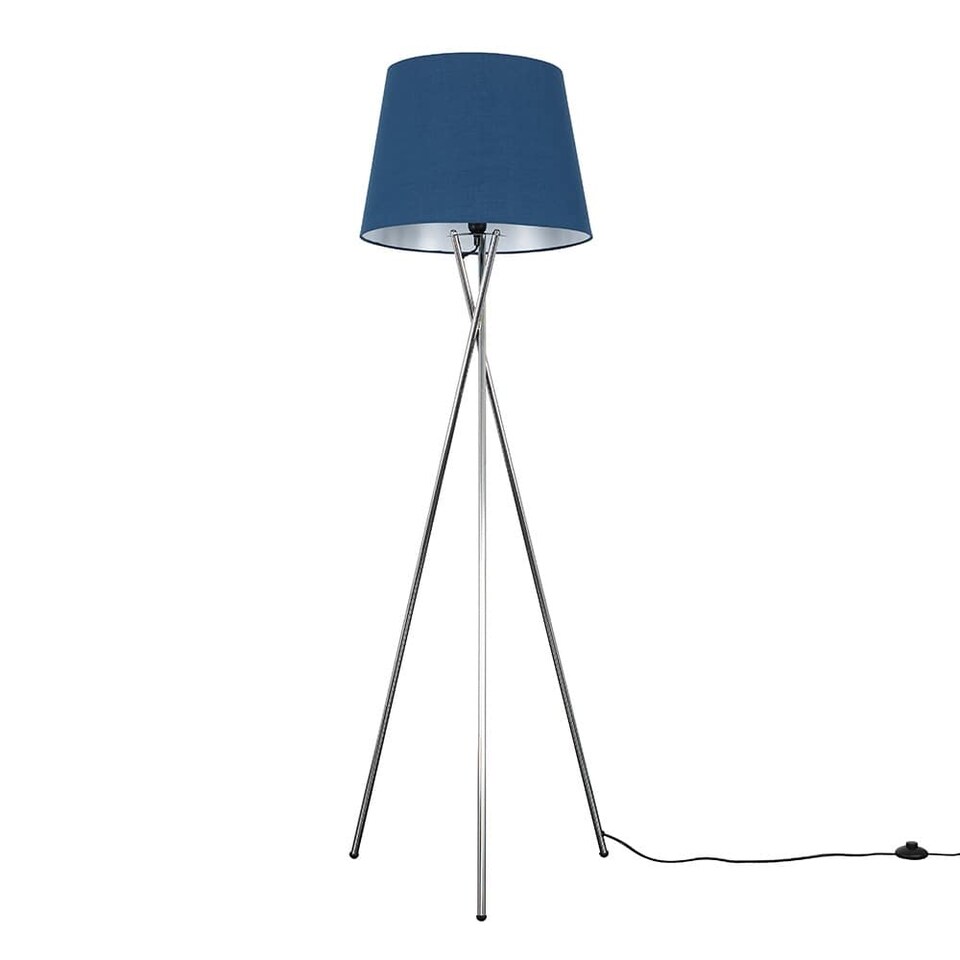 image 1 of ValueLights Camden Chrome Tripod Floor Lamp Navy Taper Shade & Bulb | Blue