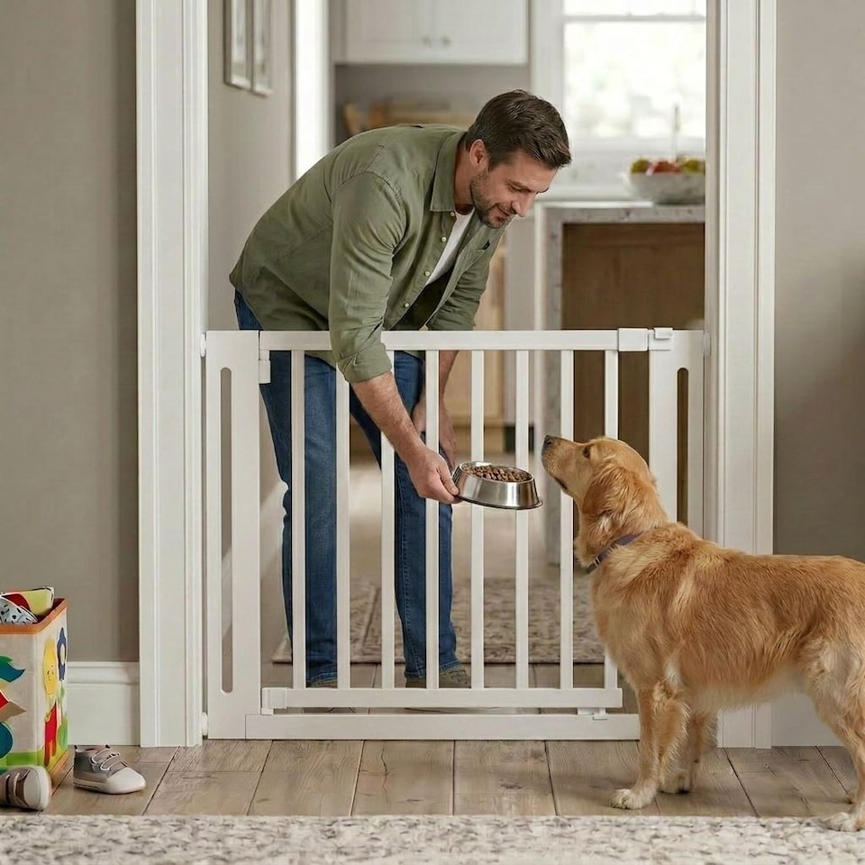 image 1 of Safetots Wooden Elegance Gate, White, 79cm - 87cm, Pressure Fit Safety Gate, 57cm Extra Wide Doorway, Easy Installation