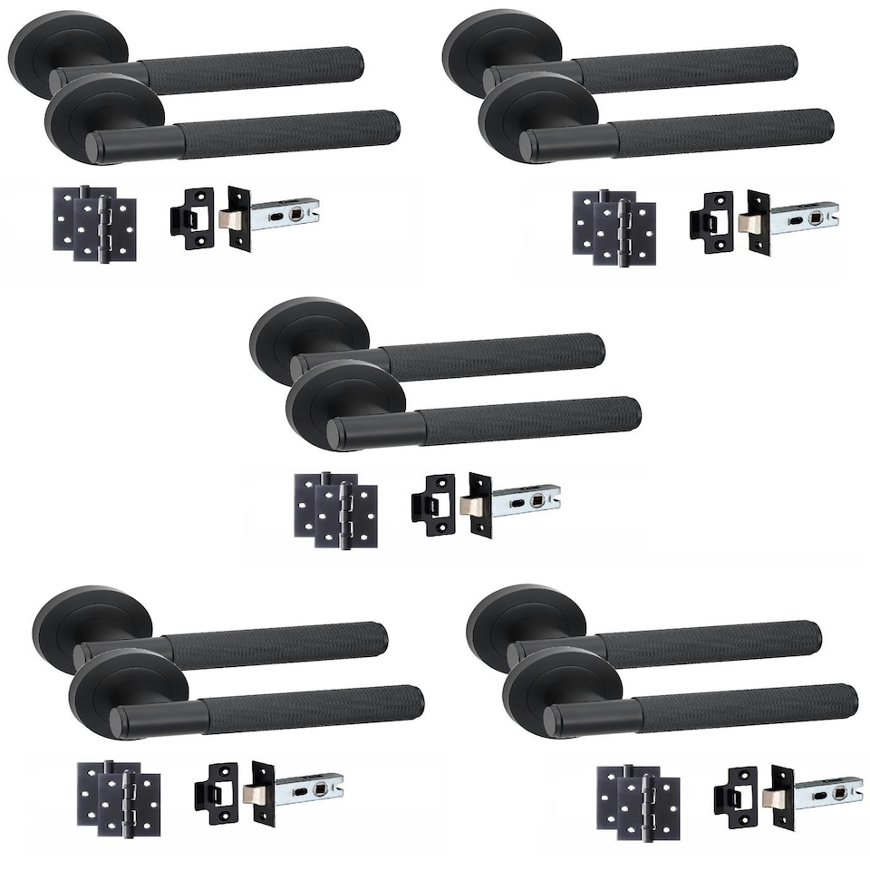 image 1 of Golden Grace 5 Sets Knurled T-Bar Door Handles in Matt Black Finish with Latch and Ball Bearing Hinges Black