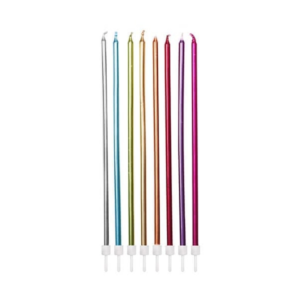 image 1 of Anniversary House Extra Tall Candles Rainbow Metallic with Holders Pack of 16