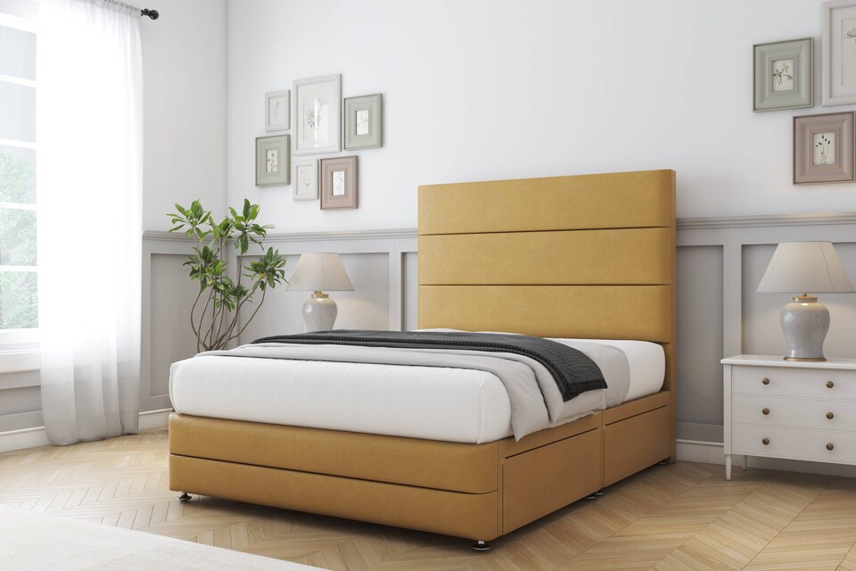 image 1 of Sloomy Monaco Mustard Plush Divan Bed Base 4 Drawers With 54 Inch Floor Standing Headboard & 12 Inch Matching Footboard | Gold | Mustard | King | 1