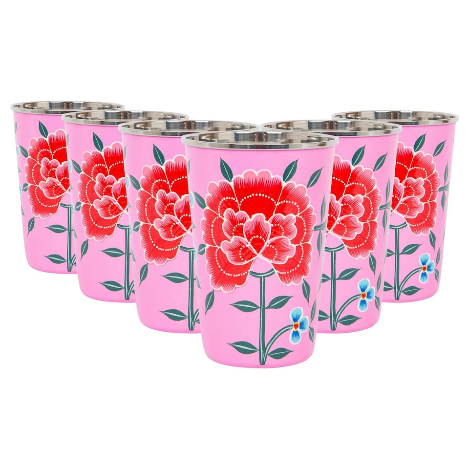 image 1 of BillyCan Hand-Painted Picnic Cups - 400ml - Raspberry Peony - Pack of 6 Pink
