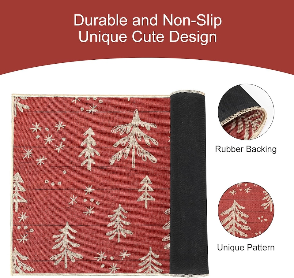image 1 of London Boutique Christmas Doormat with Christmas Tree Pattern and Non-Slip Rubber Backing, Red, 40 x 60 cm