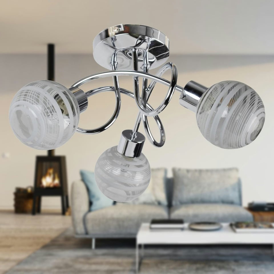 image 1 of First Choice Lighting Cafe Chrome with Striped Glass 3 Light Flush Ceiling Light Chrome | White