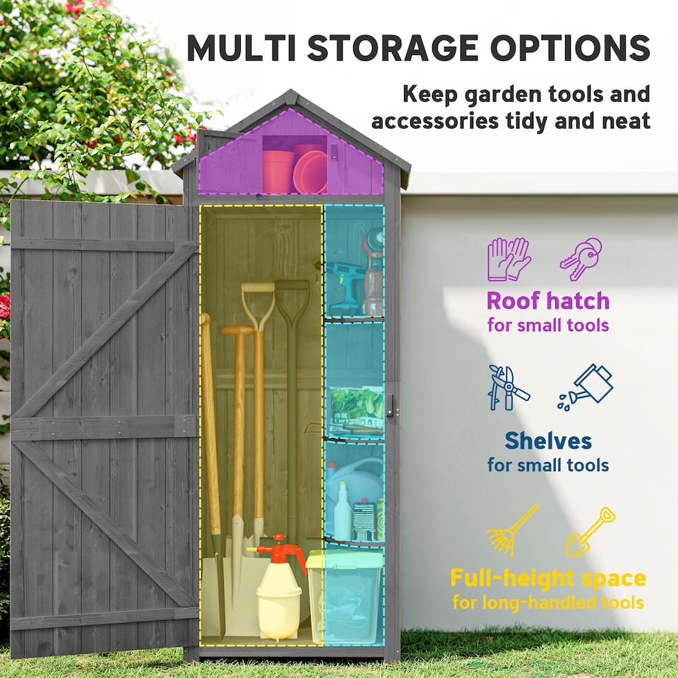 image 1 of Outsunny Wooden Garden Shed, Utility Outdoor Small Shed with Lockable Double Doors, Shelves and Roof Hatch, Grey