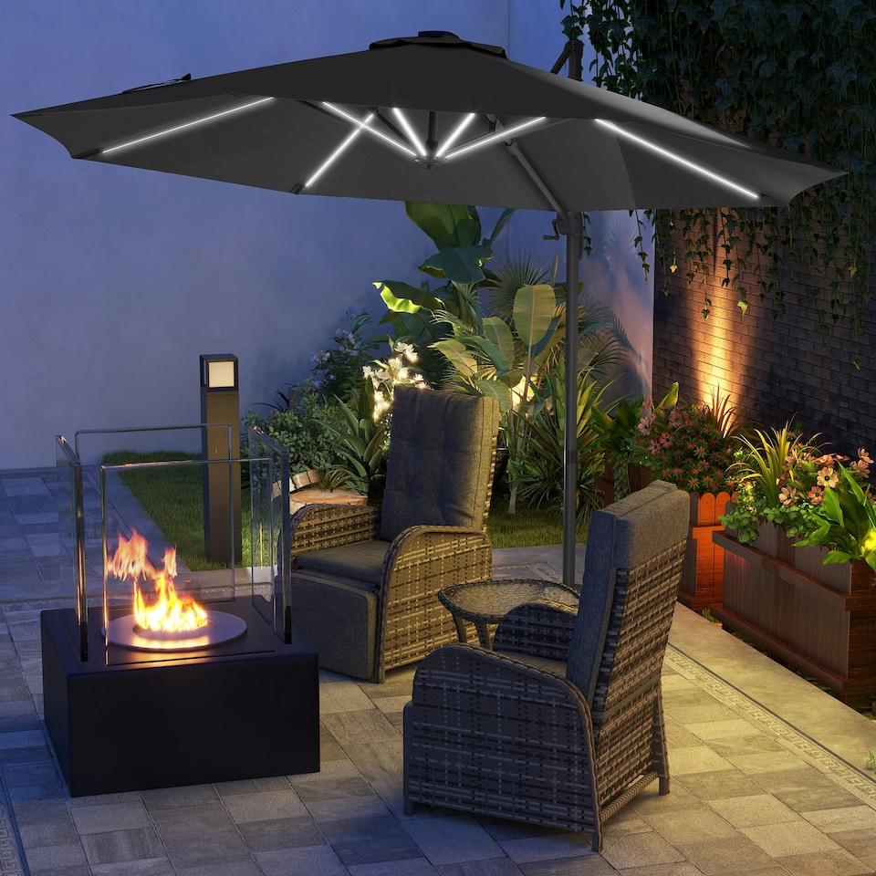 image 1 of Outsunny 3(m) Solar LED Cantilever Parasol Adjustable Garden Umbrella Dark Grey