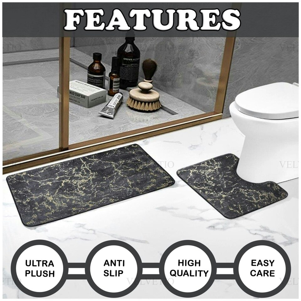 image 1 of VELVETIO Glitter Bath Mat Set Non Slip Water Absorbent Toilet Rugs Blue | Navy