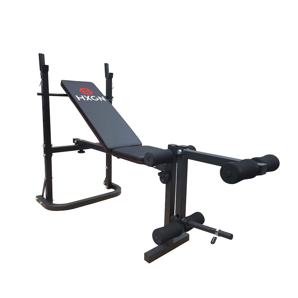 image 1 of HXGN Adjustable Barbell Bench with Leg Developer, Folding 4-Position Incline, 6 Foam Rollers (18 kg) | Black | RED | 18.0KILOGRAMS