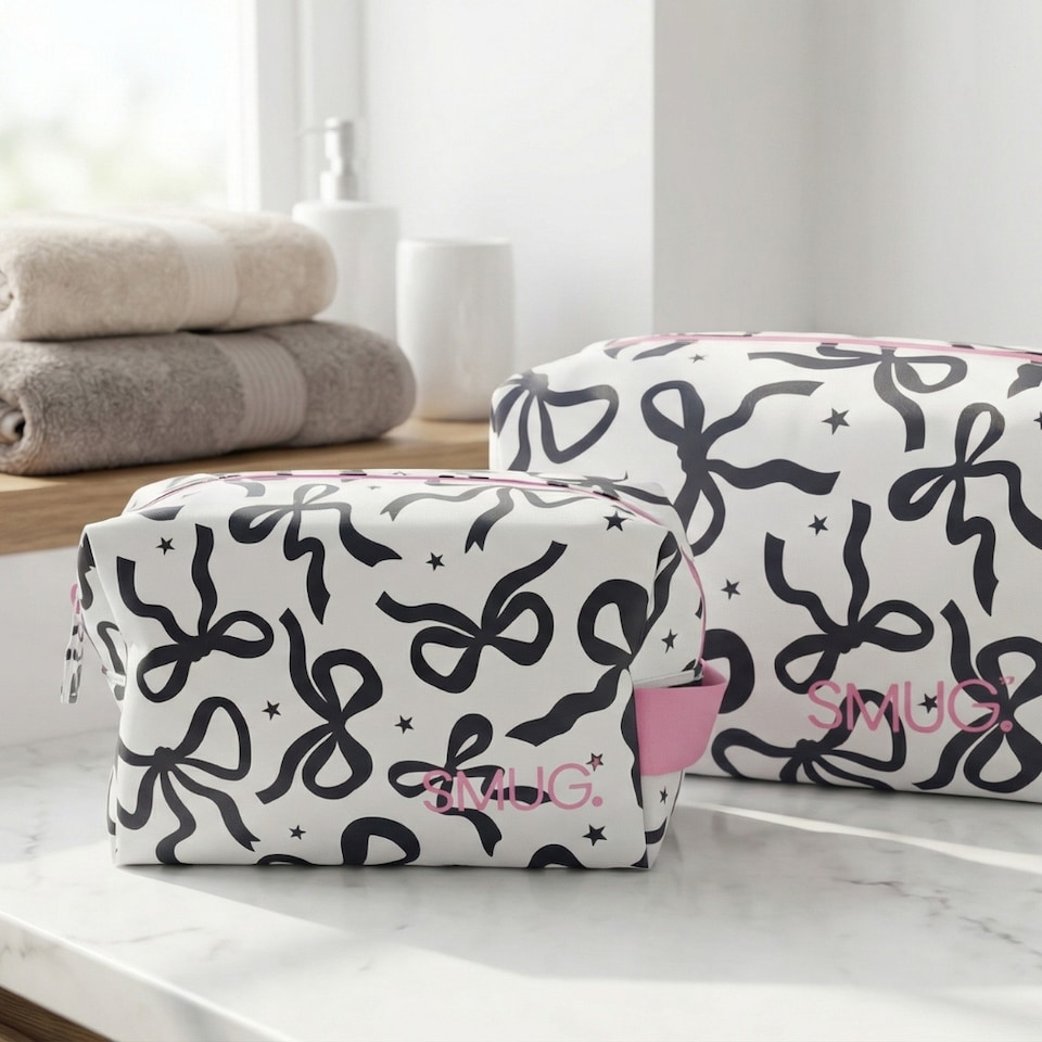 image 1 of SMUG Wash Bag, Toiletry Bag, Pump Jars & Spray Bottles Set - Bows Print