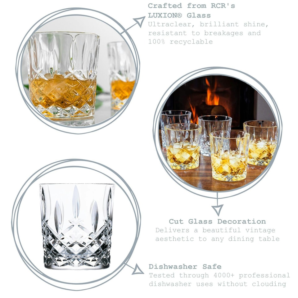 image 1 of RCR Crystal Orchestra Cut Glass Double Old Fashioned Whiskey Glasses Tumblers Set - 340ml - Pack of 6 Clear
