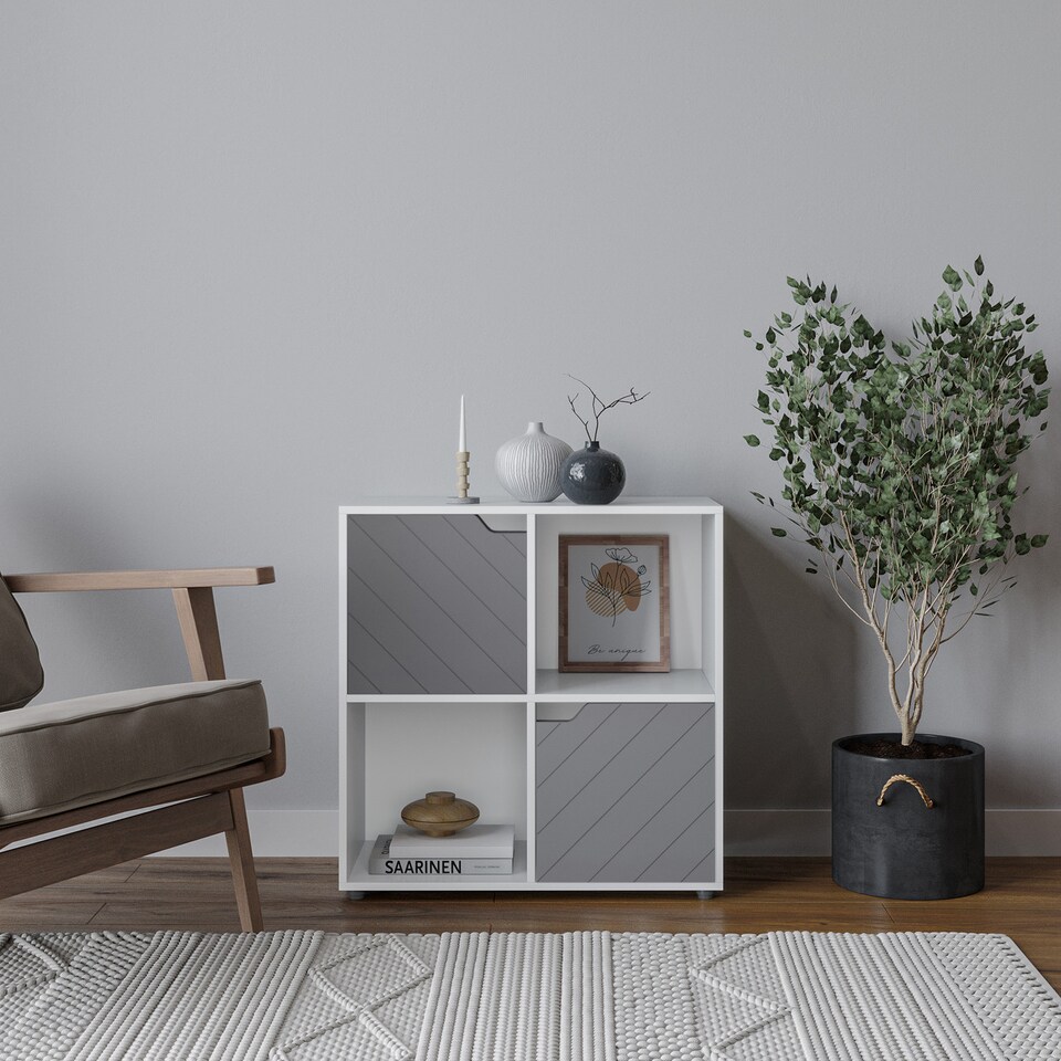 image 1 of 4 -Cube Shelving Unit With Lined Doors - Square | White | White & Grey | 1