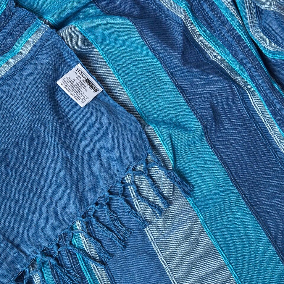 image 1 of Homescapes Cotton Morocco Striped Blue Throw - 225 x 255 cm Blue