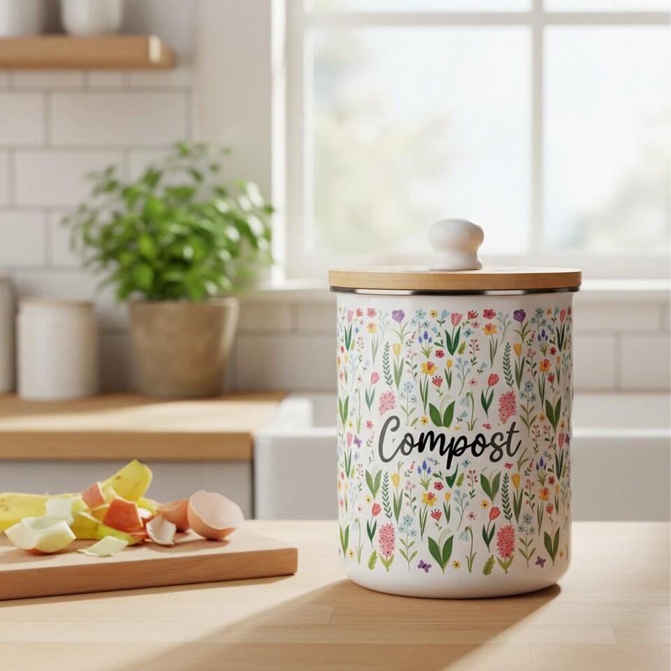 image 1 of Spring Flowers Compost Caddy - Metal 2L Decorative Kitchen Food Waste Bin