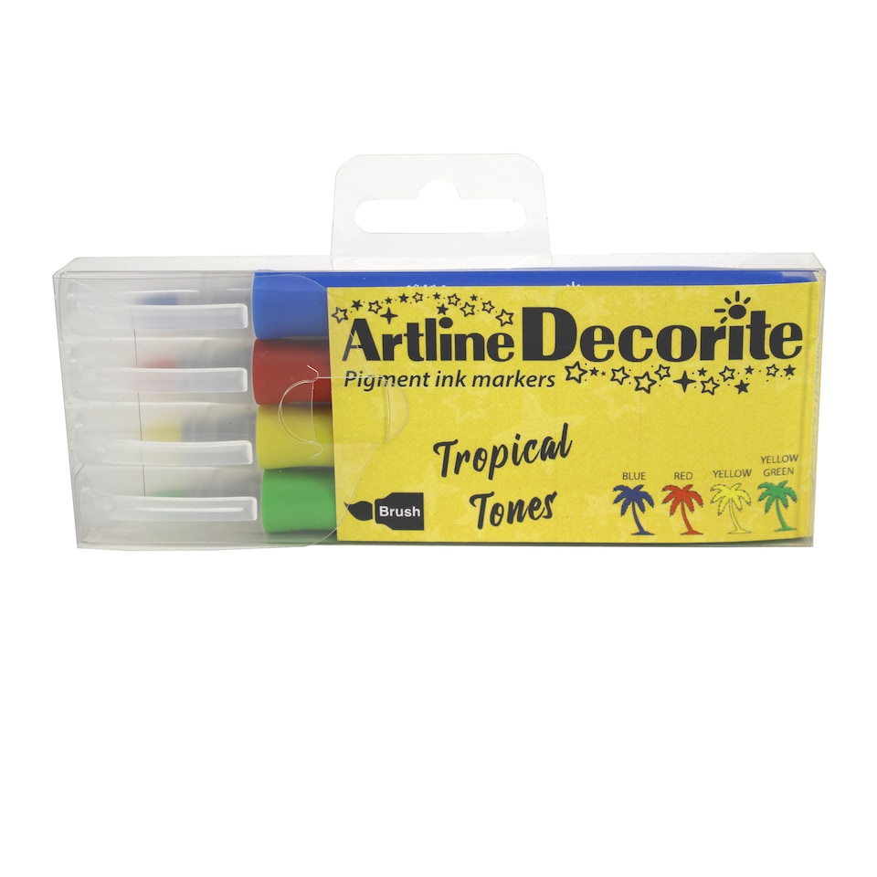 image 1 of Artline Decroite Brush Markers Tropical Colours 4 Pack