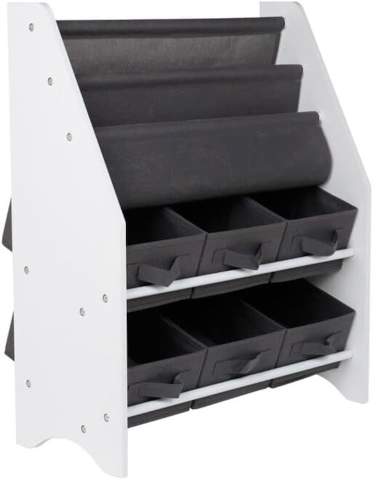 image 1 of Wood & Fabric Book Toy Organiser Storage Sling Rack Shelf Display Kids Children